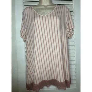Soma Womens Pink Striped Lace Trim V-Neck Short Sleeve Sleep Shirt Pajama Top L